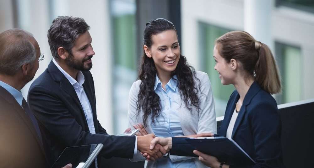 Group of businesspeople having a discussion near staircase in office